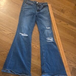 American Eagle Outfitters Mid/Dark Blue Distressed Flare Jeans